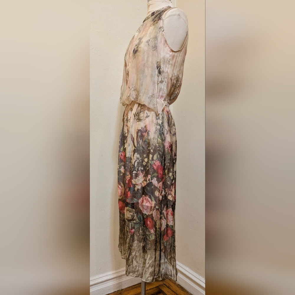 Queen Mulock Floral Silk Midi Rose Print Dress - Size S - Picture 8 of 14